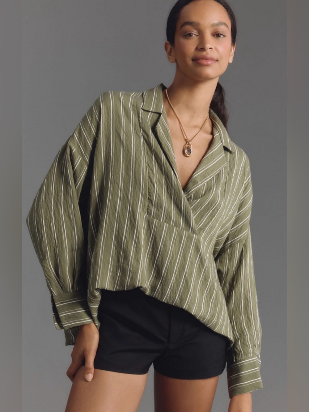 Anthropologie The Dylon Long-Sleeve Wide-Placket Top: Striped Edition XSP